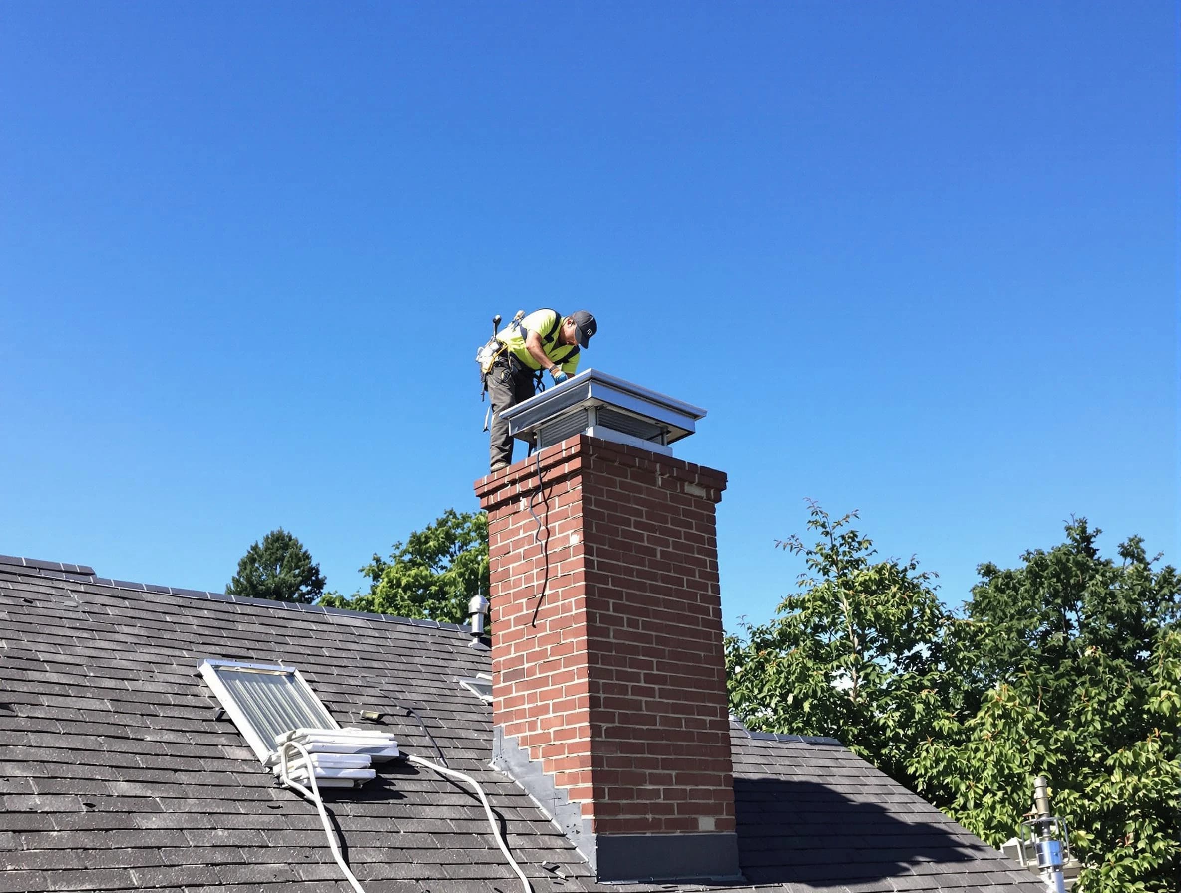 Plain City Chimney Sweep technician measuring a chimney cap in Plain City, UT