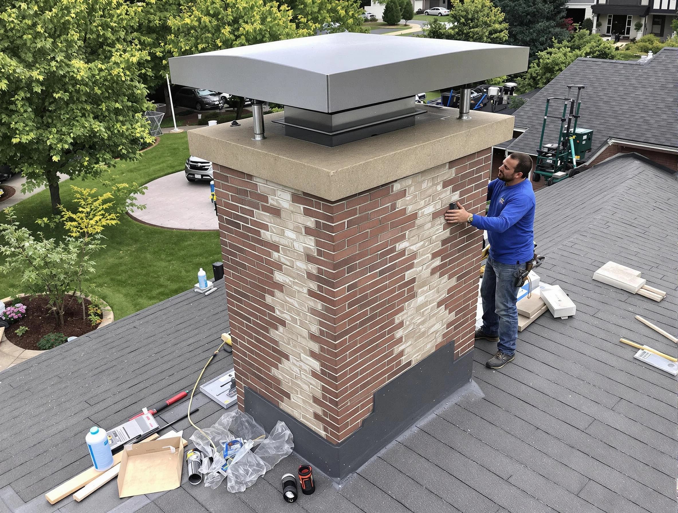 Plain City Chimney Sweep team working on a custom chimney remodel in Plain City, UT